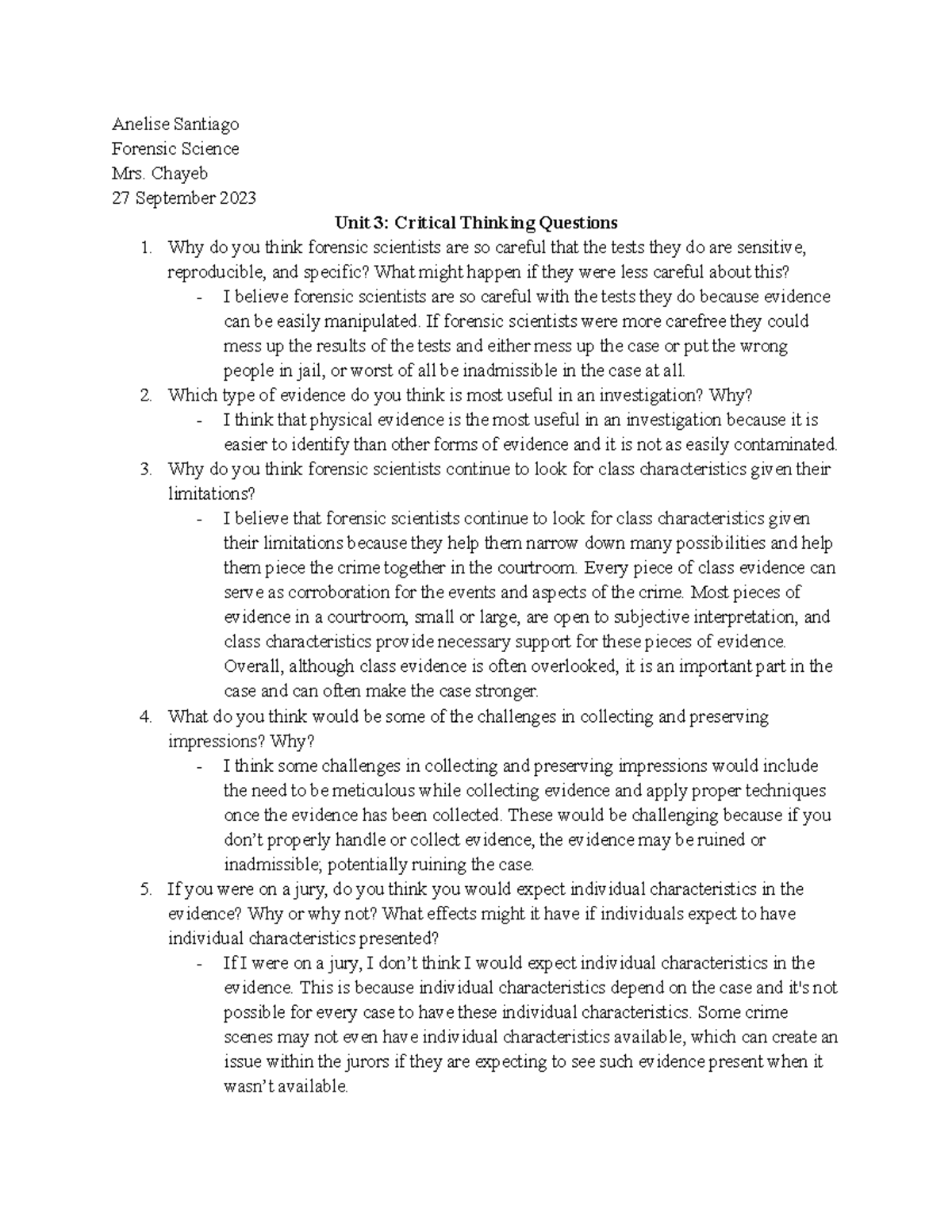 Unit 3 Forensic Science: Critical Thinking Questions and Insights - Studocu
