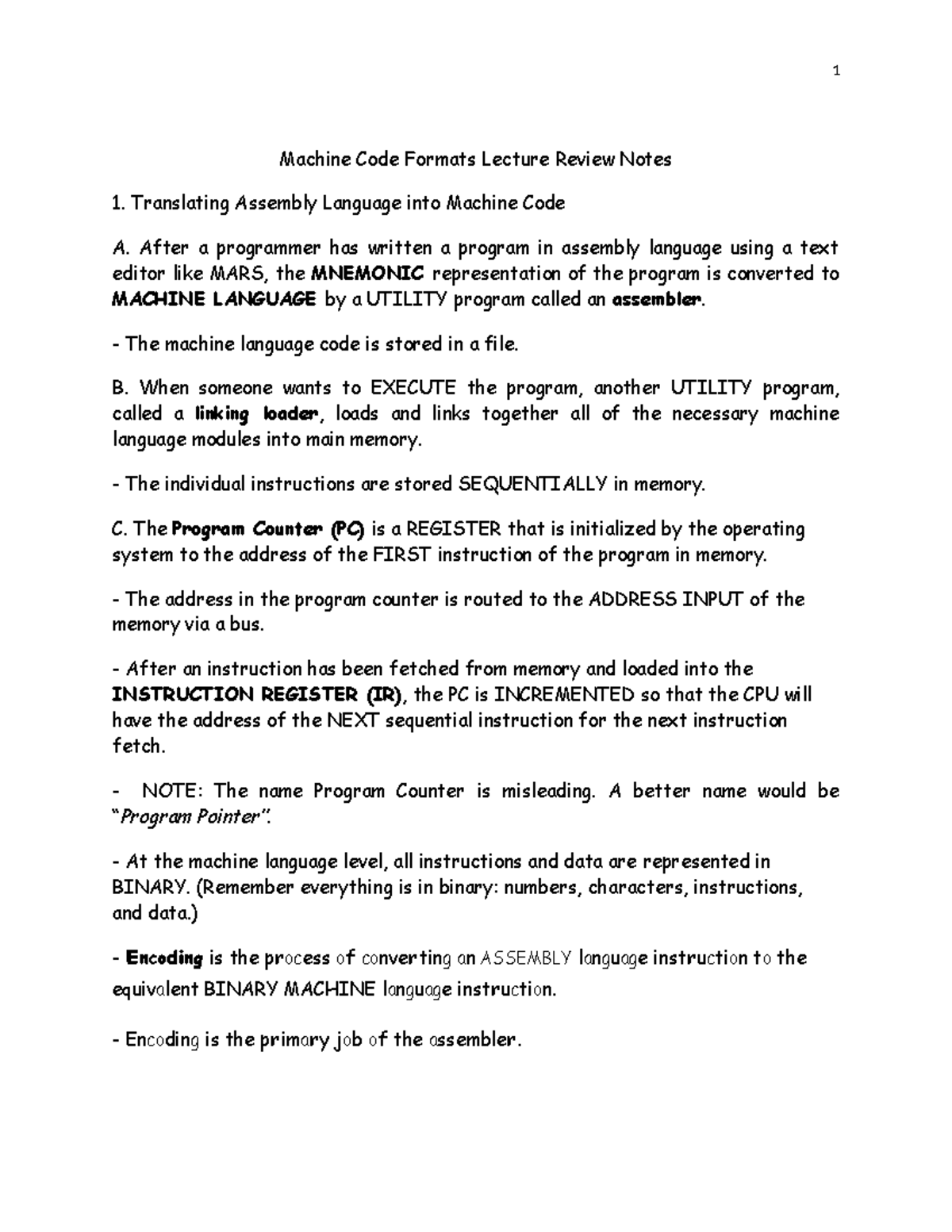 MIPS 32-bit Instruction Formats and Machine Code Translation Notes ...