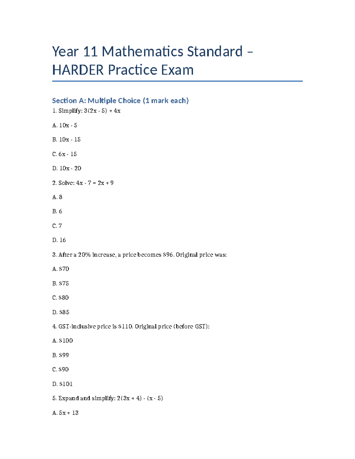 Year 11 Mathematics Standard Final Exam - Harder Practice Questions ...