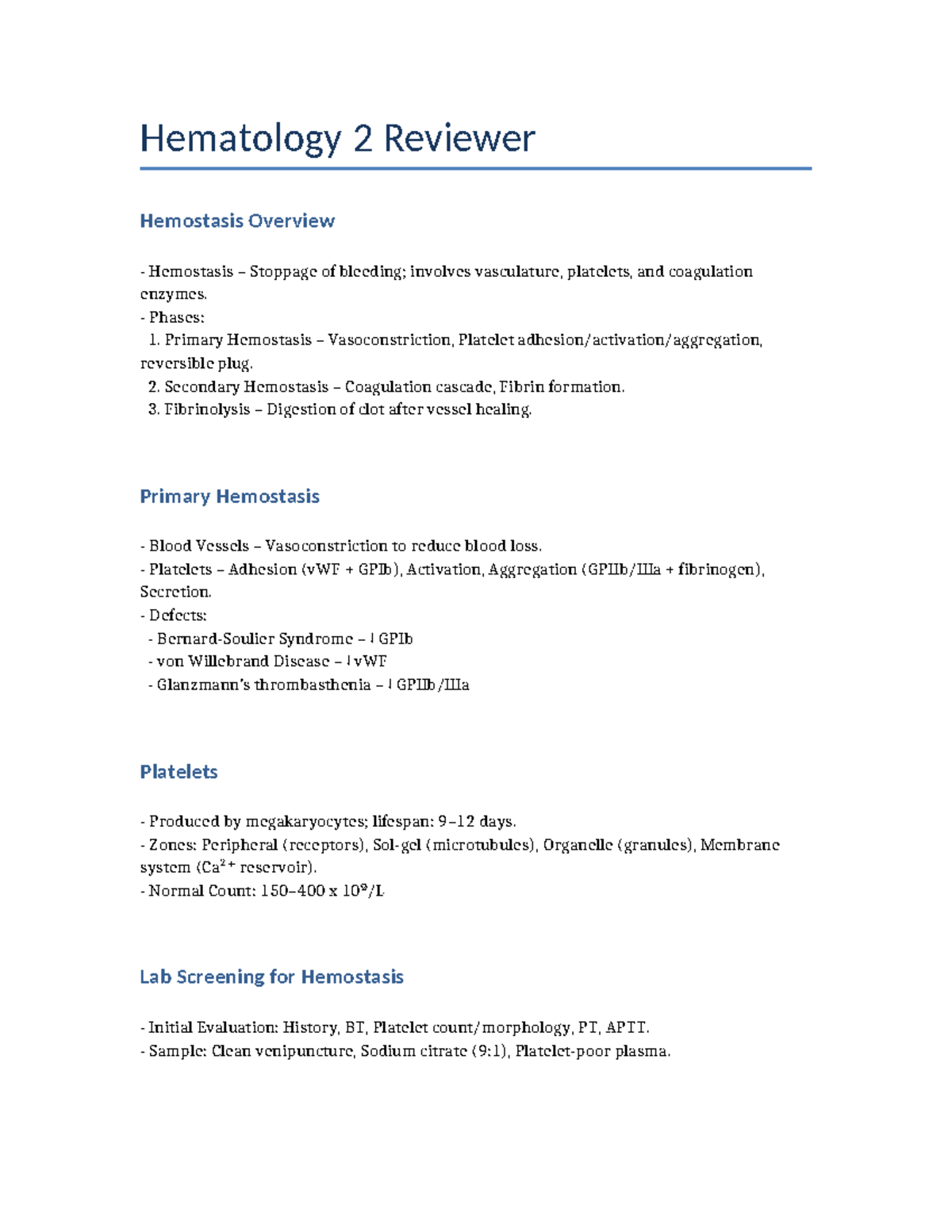 Hematology 2 Final Exam Reviewer: Hemostasis Overview and Key Concepts ...