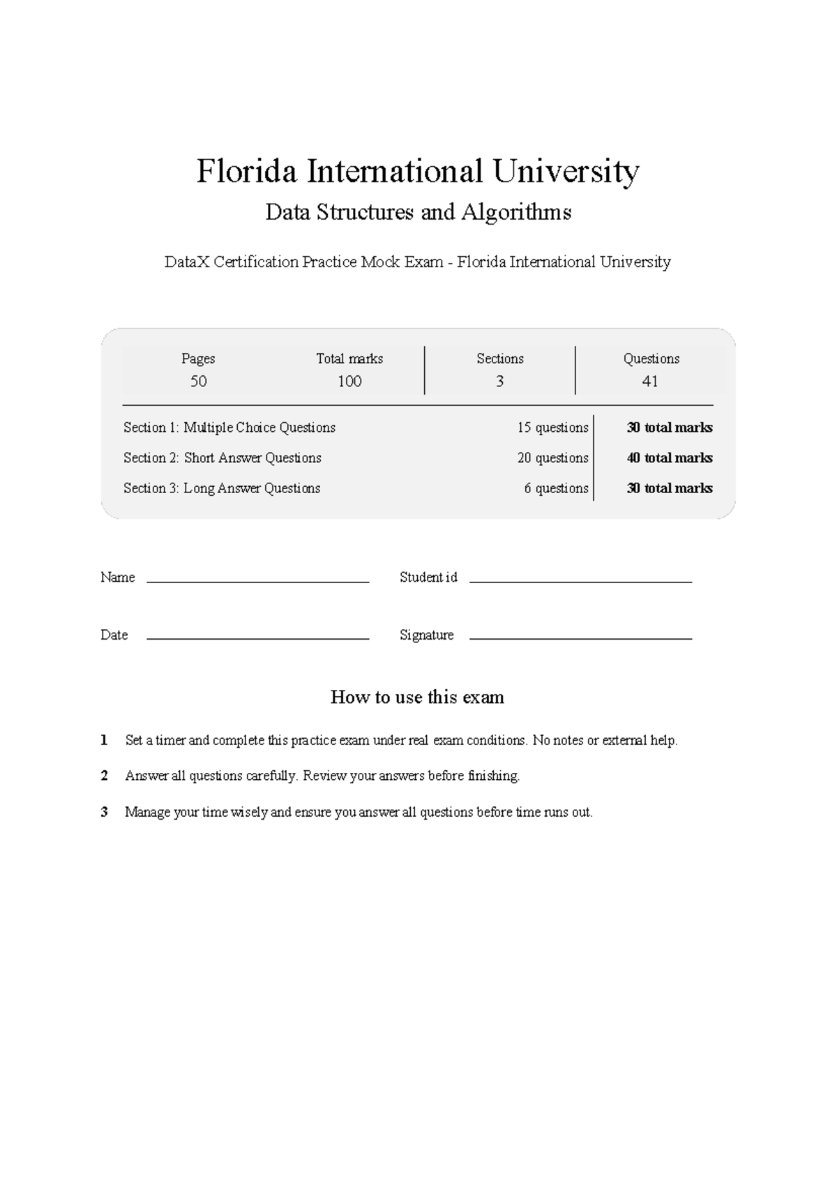 COP 3530 Data Structures & Algorithms FIU Mock Exam Practice 2026 - Studocu