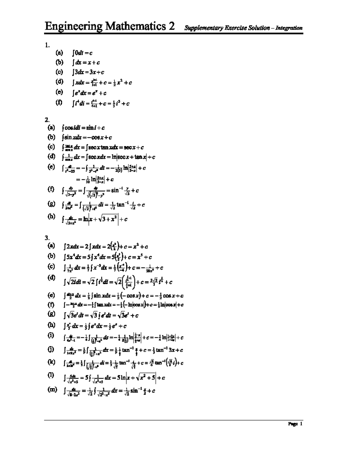 Engineering Mathematics 2 Supplementary Exercise Solutions: Integration ...