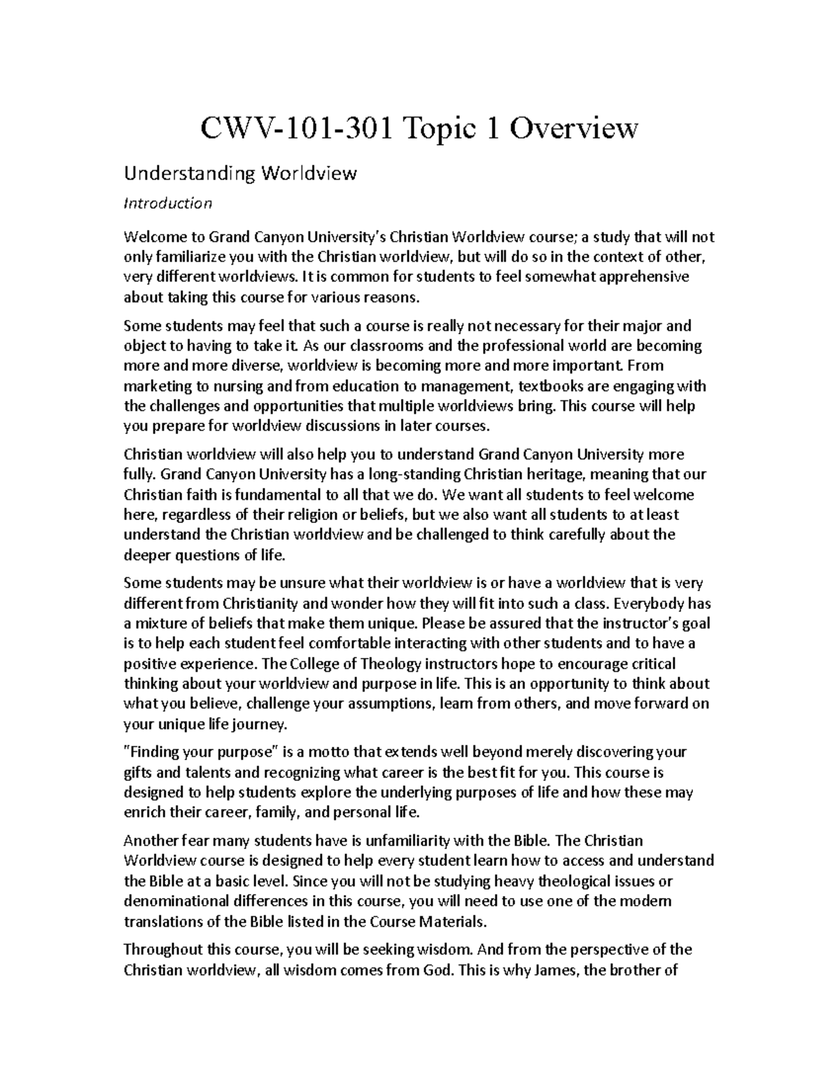 CWV 101 301 L T1Overview - Topic 1 Overview Understanding Worldview ...