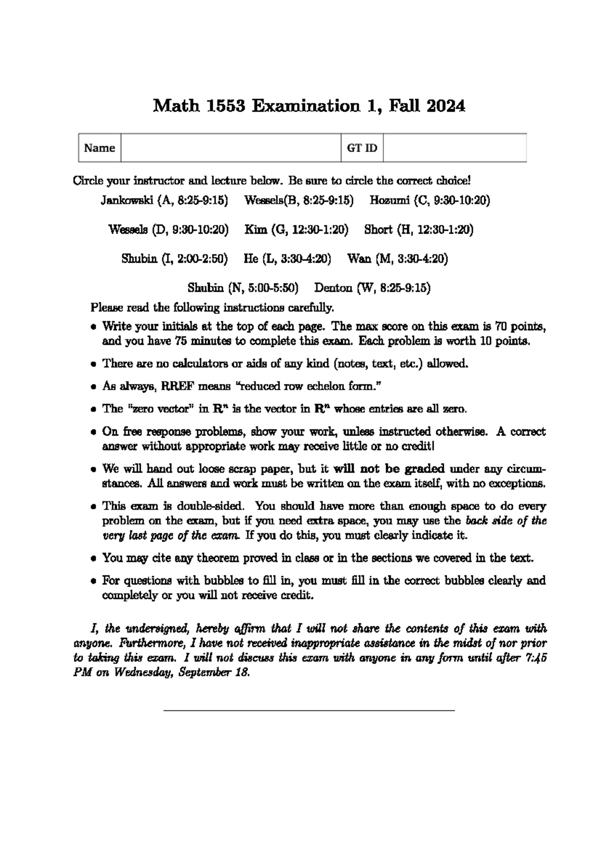 Math 1553 Fall 2024 Test 1: Examination Instructions and Questions ...