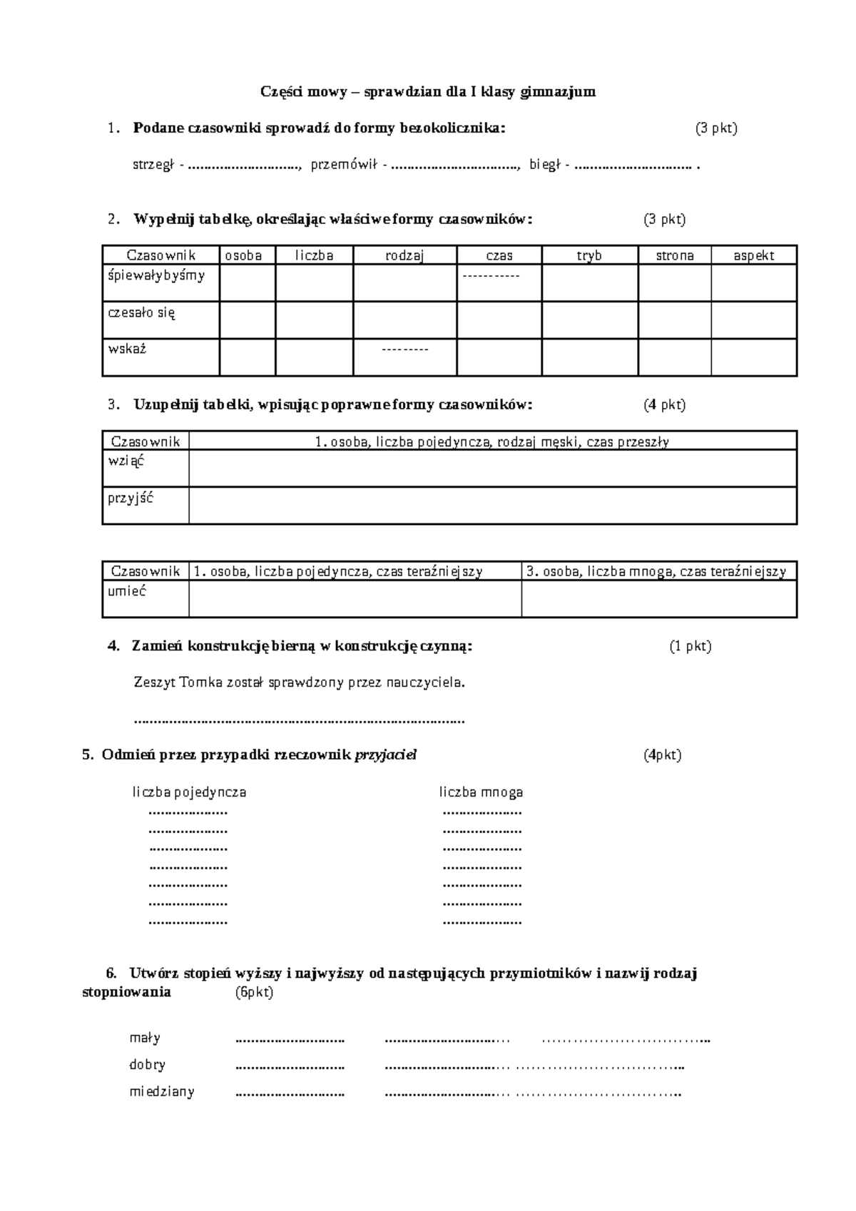 Części Mowy Sprawdzian Gimnazjum 1 www.studocu.com
