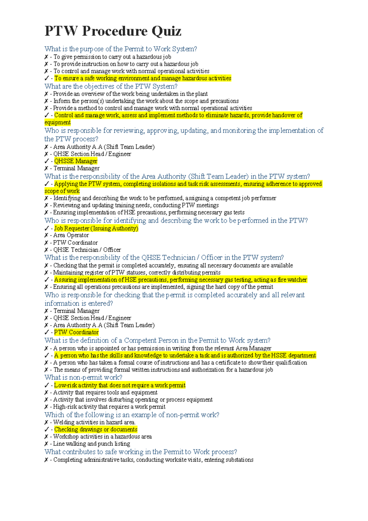 PTW Procedure Quiz (PTW-101) with Solutions and Key Insights - Studocu