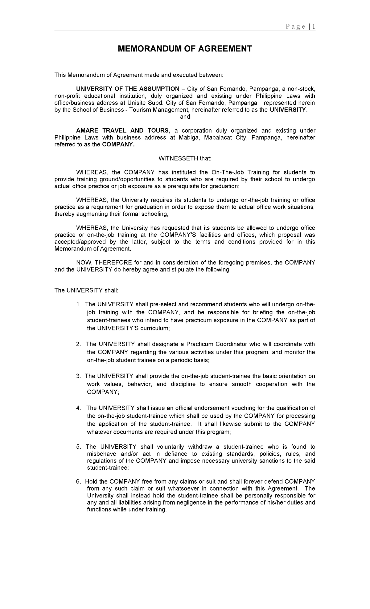 MOA-Template: Memorandum of Agreement for Student Training Program ...