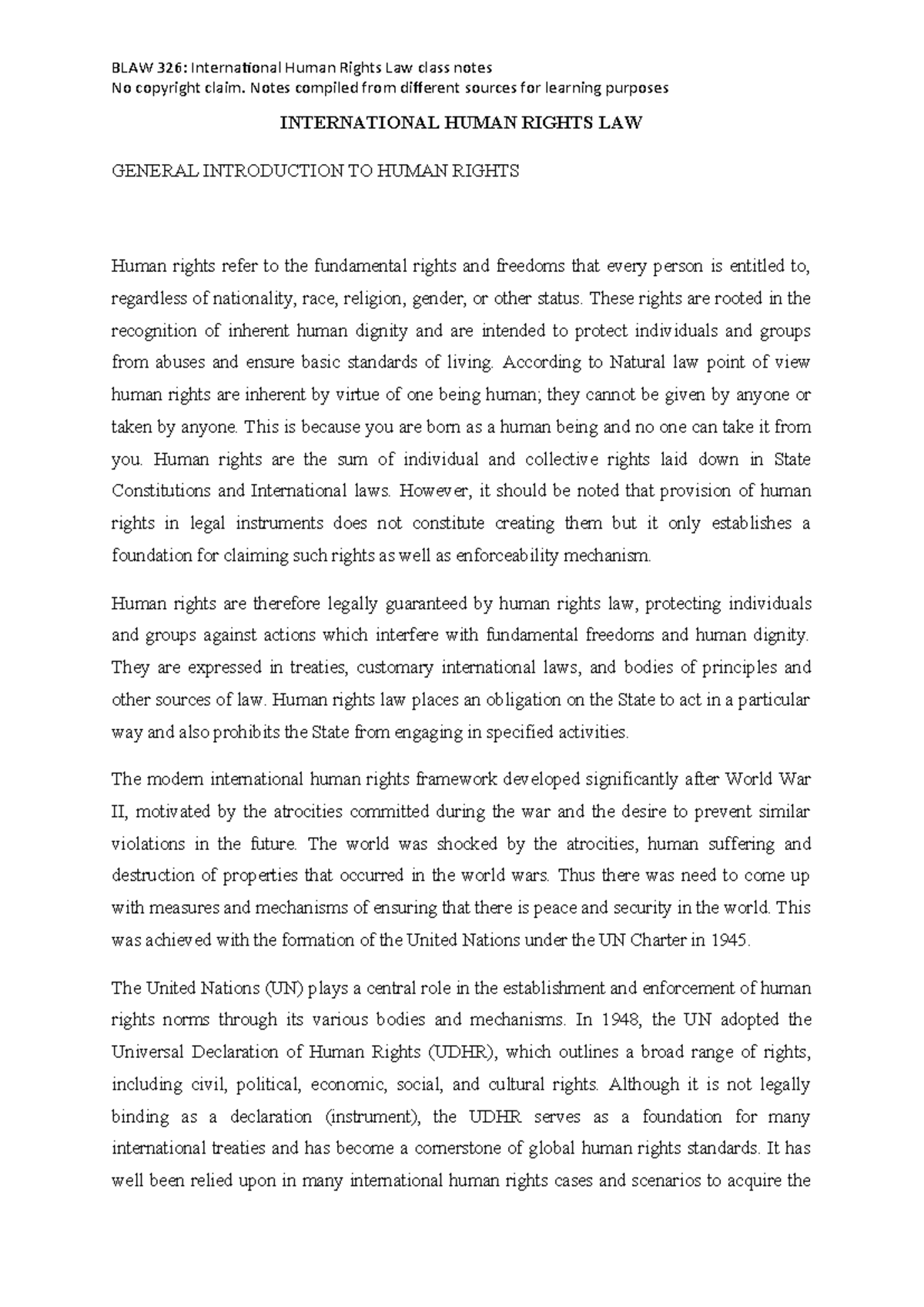International Human Rights Law: Overview & Evolution (Final Exam Notes ...