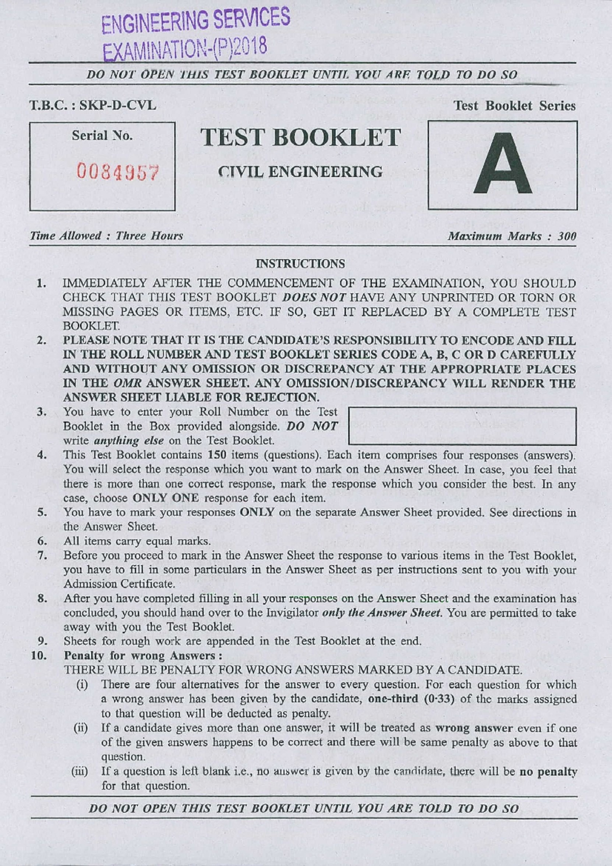 PRE 18 Engg 2018 Civil Engineering Test Booklet - Studocu