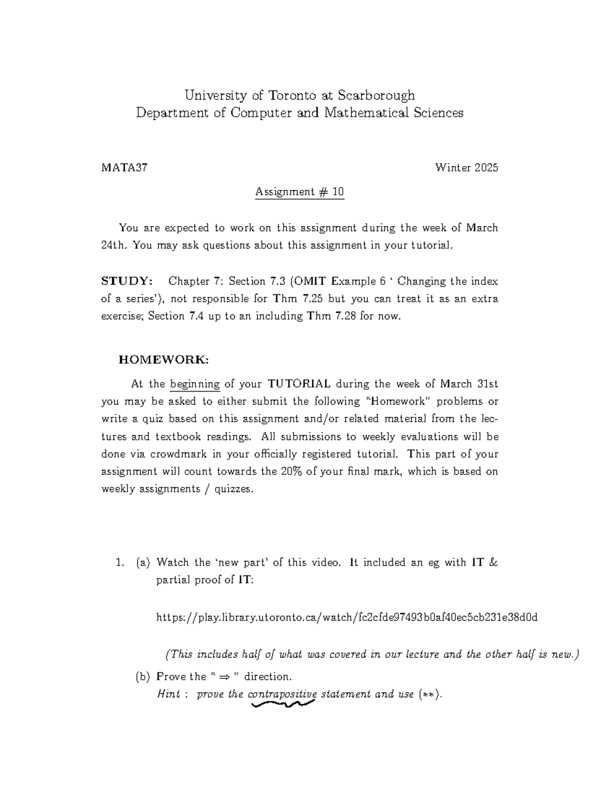 A10 MATA37 Winter 2025 - Assignment 10 Overview and Guidelines - Studocu