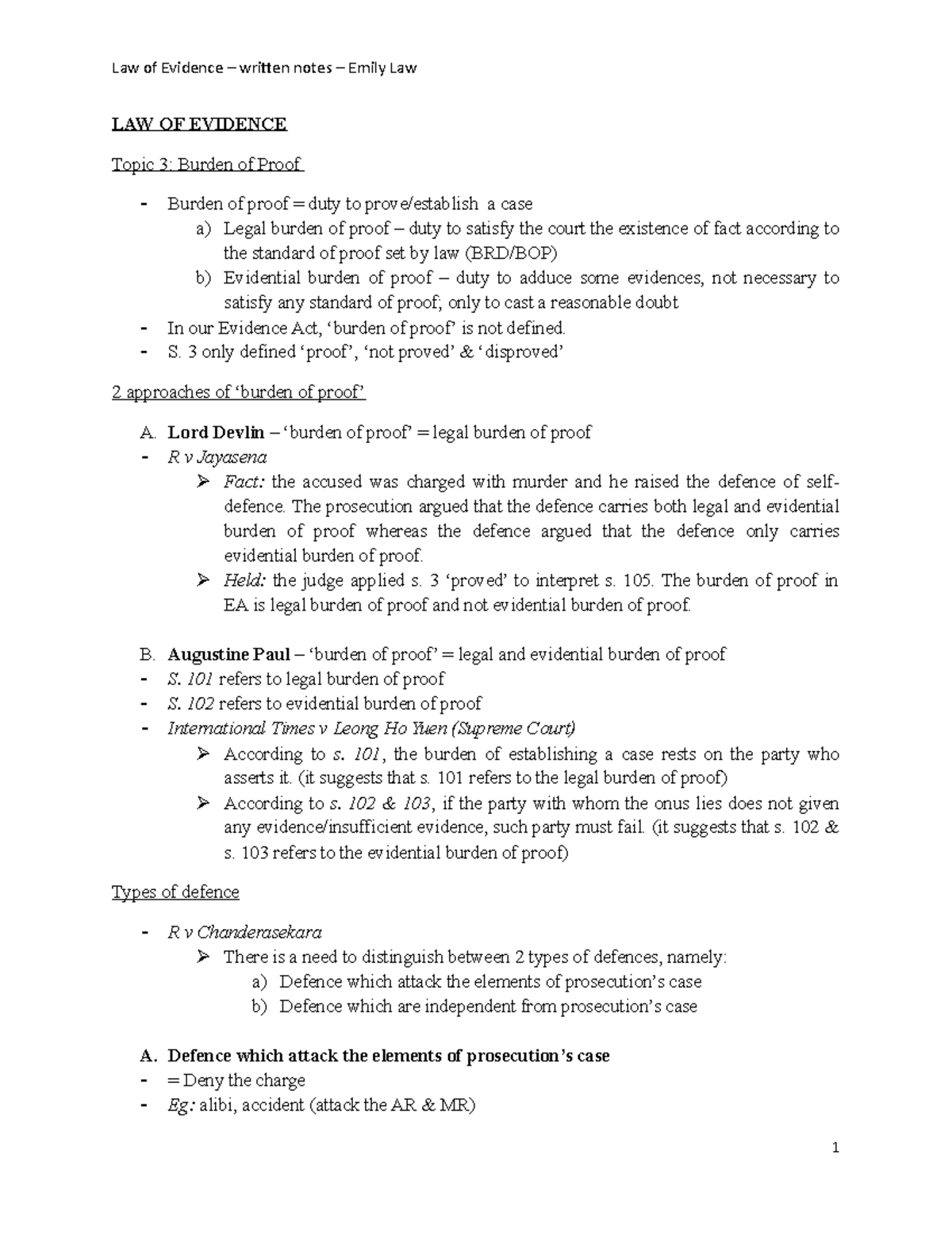 Written-Notes-Topic-3 - LAW OF EVIDENCE Topic 3: Burden of Proof Burden ...