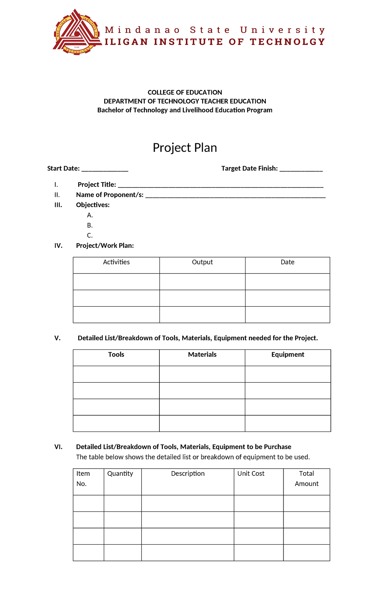 Project-Plan-Template - COLLEGE OF EDUCATION DEPARTMENT OF TECHNOLOGY ...