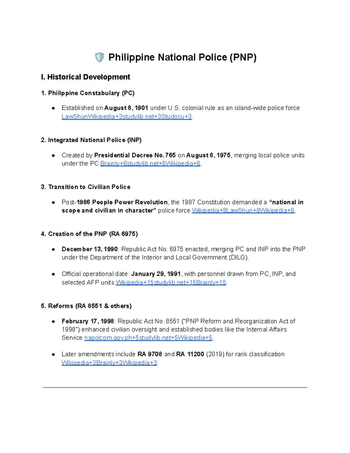 PNP Law and History: Development, Reforms, and Legal Framework - Studocu