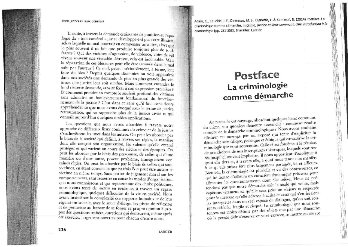 CRIME, JUSTICE ET LIEUX COMMUNS : La Criminologie comme Démarche (Adam ...