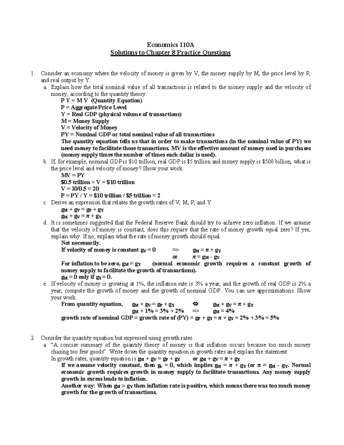 Solutions to Chapter 8 Practice Questions - Economics 110A Solutions to ...