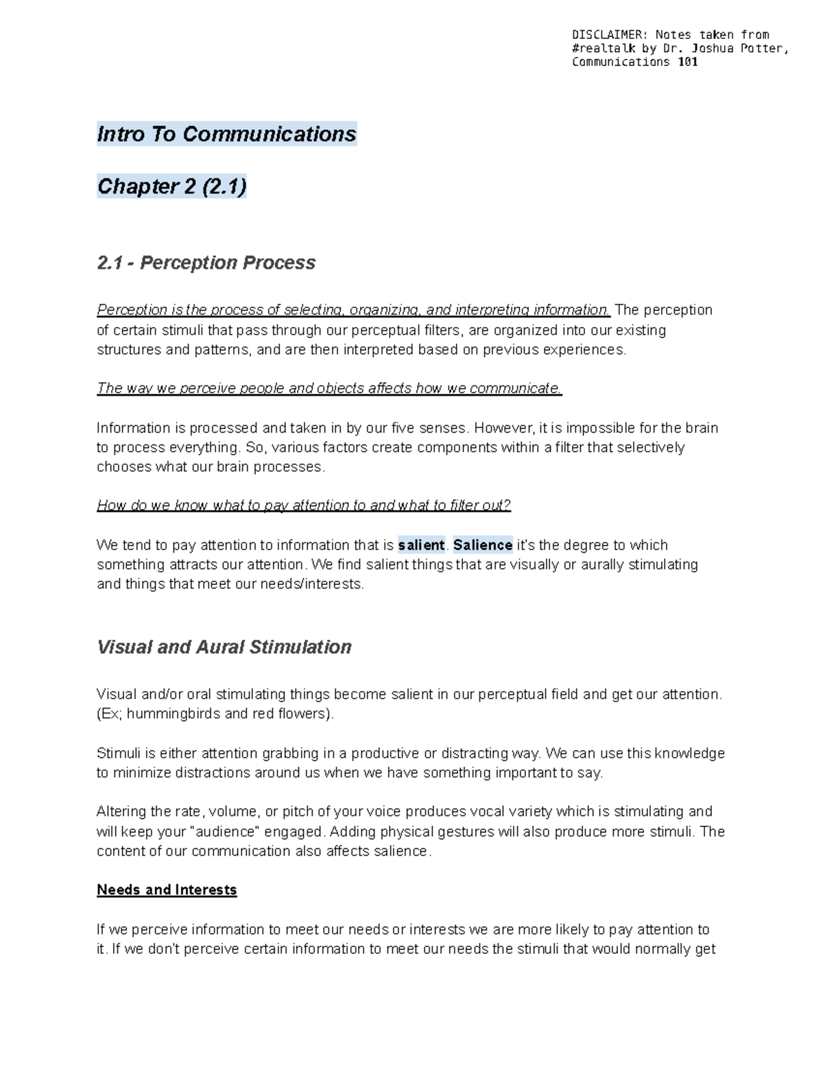 CMST101 - #realtalk CHP2.1 Notes - Intro To Communications Chapter 2 (2 ...