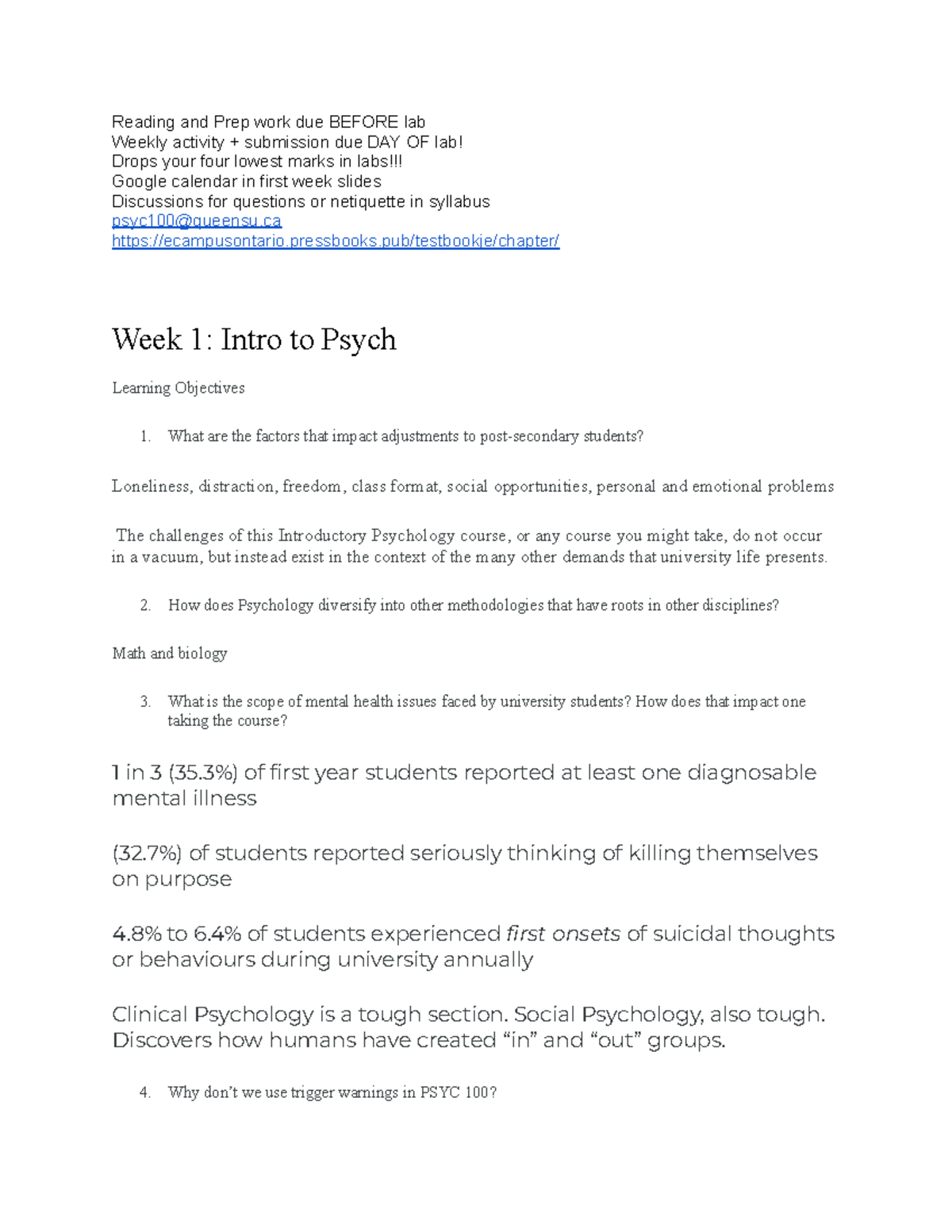 Psyc 100 - lecture/reading notes from weeks 1-22 - Reading and Prep ...