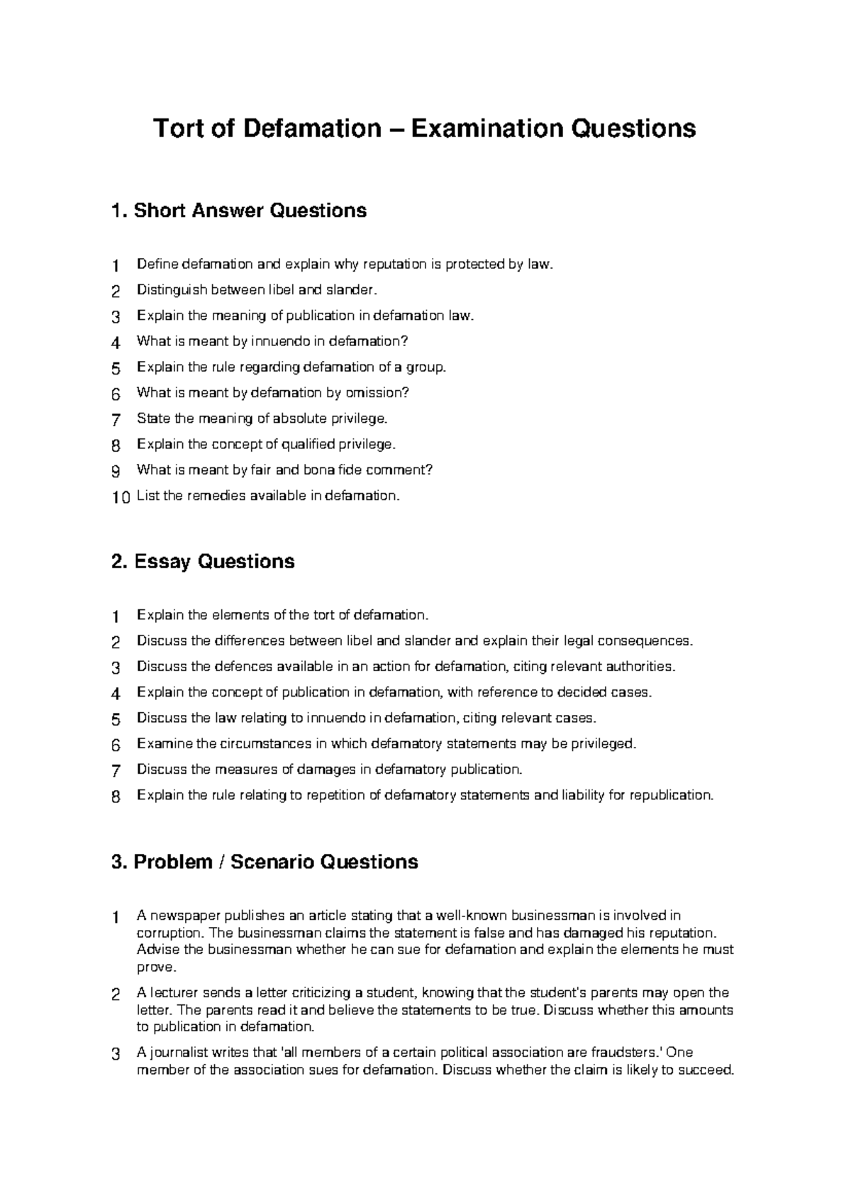 Tort of Defamation Exam Questions: Short Answer & Essay Insights - Studocu