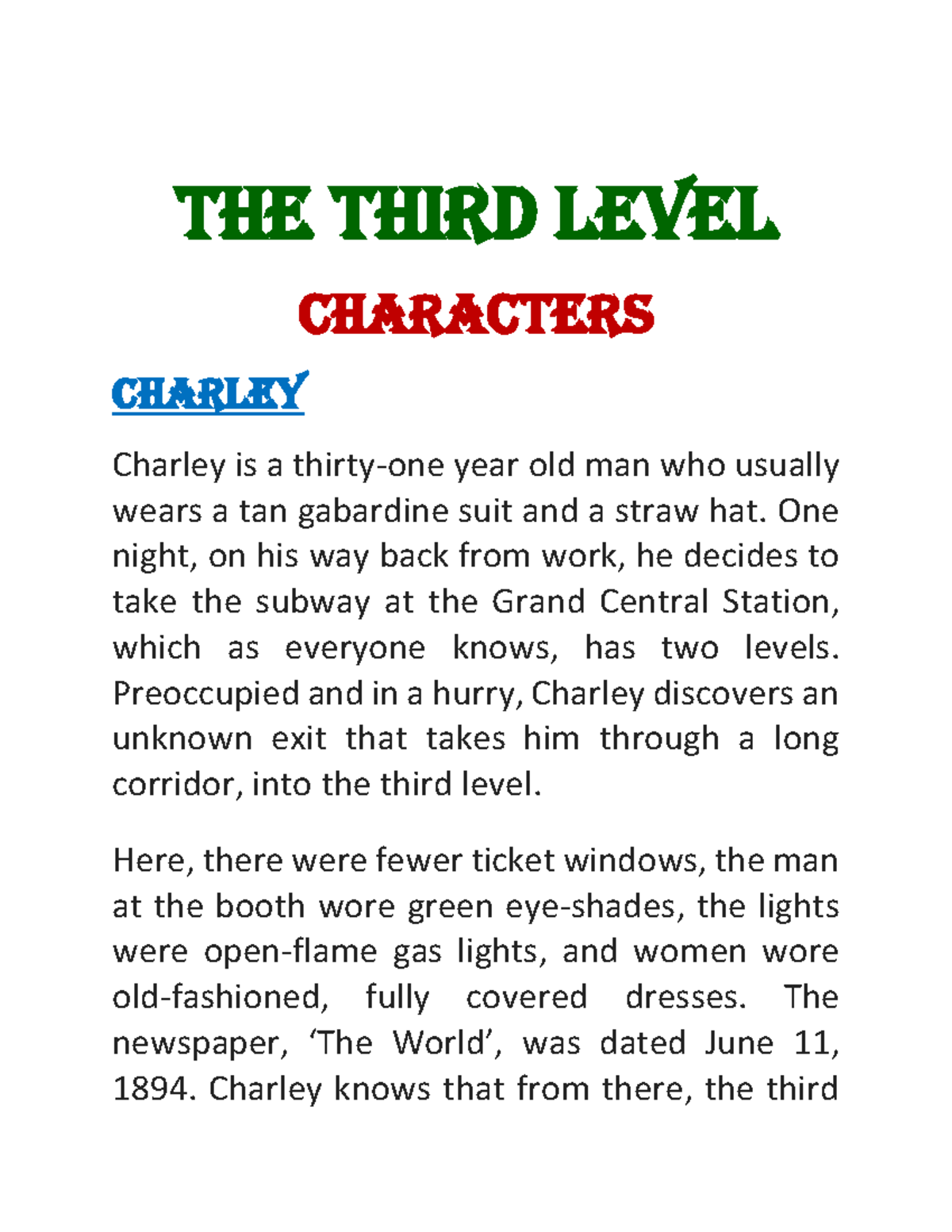 The Third Level Characters Analysis: Charley and Louisa - Studocu
