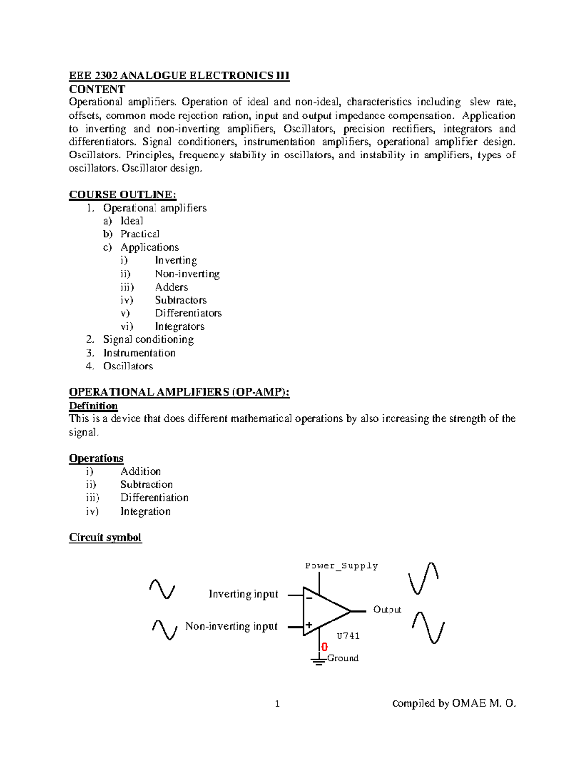2302 ANALOGUE ELECTRONICS LECTURE NOTES: Operational Amplifiers ...