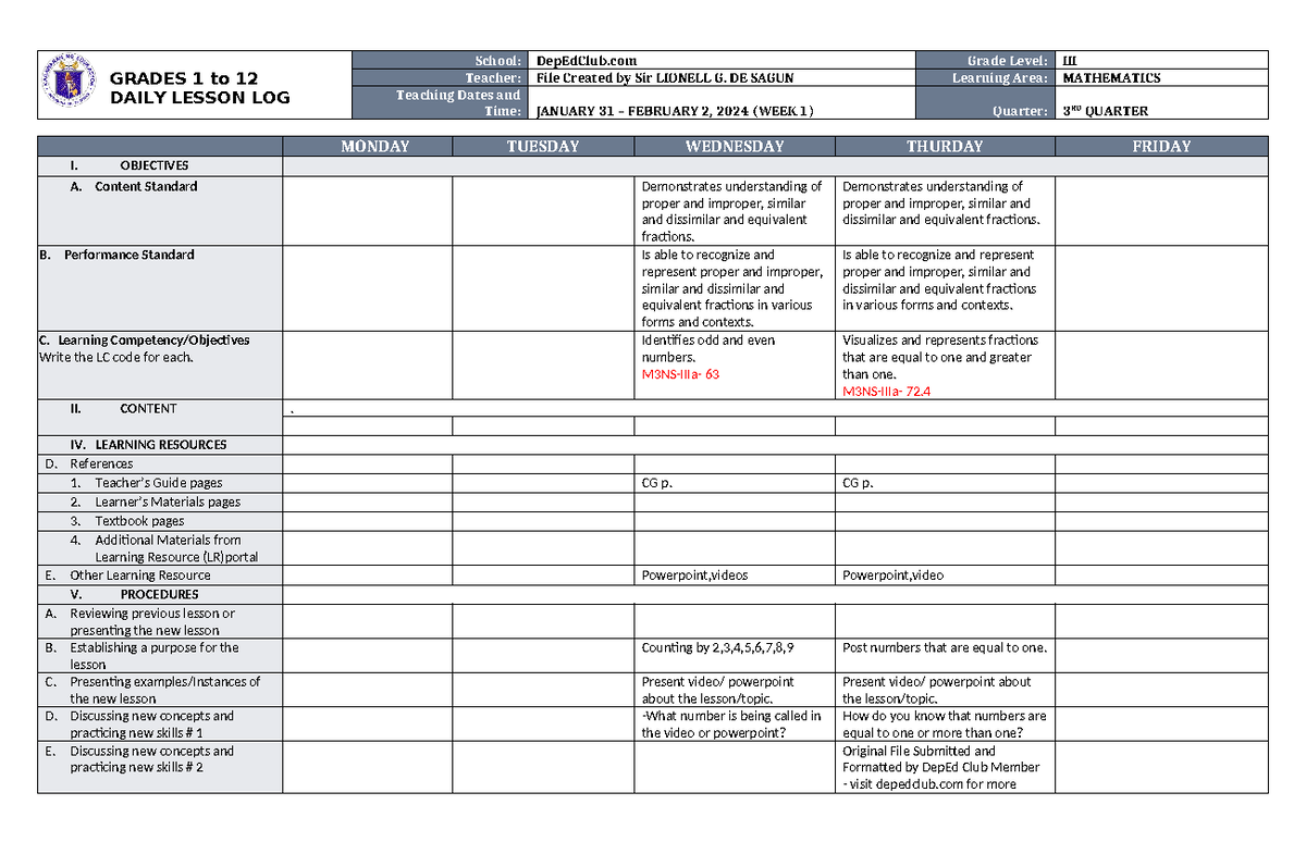 DLL Math 3 Q3 W1 - Daily Lesson Plan for Week 1 in Math - Studocu