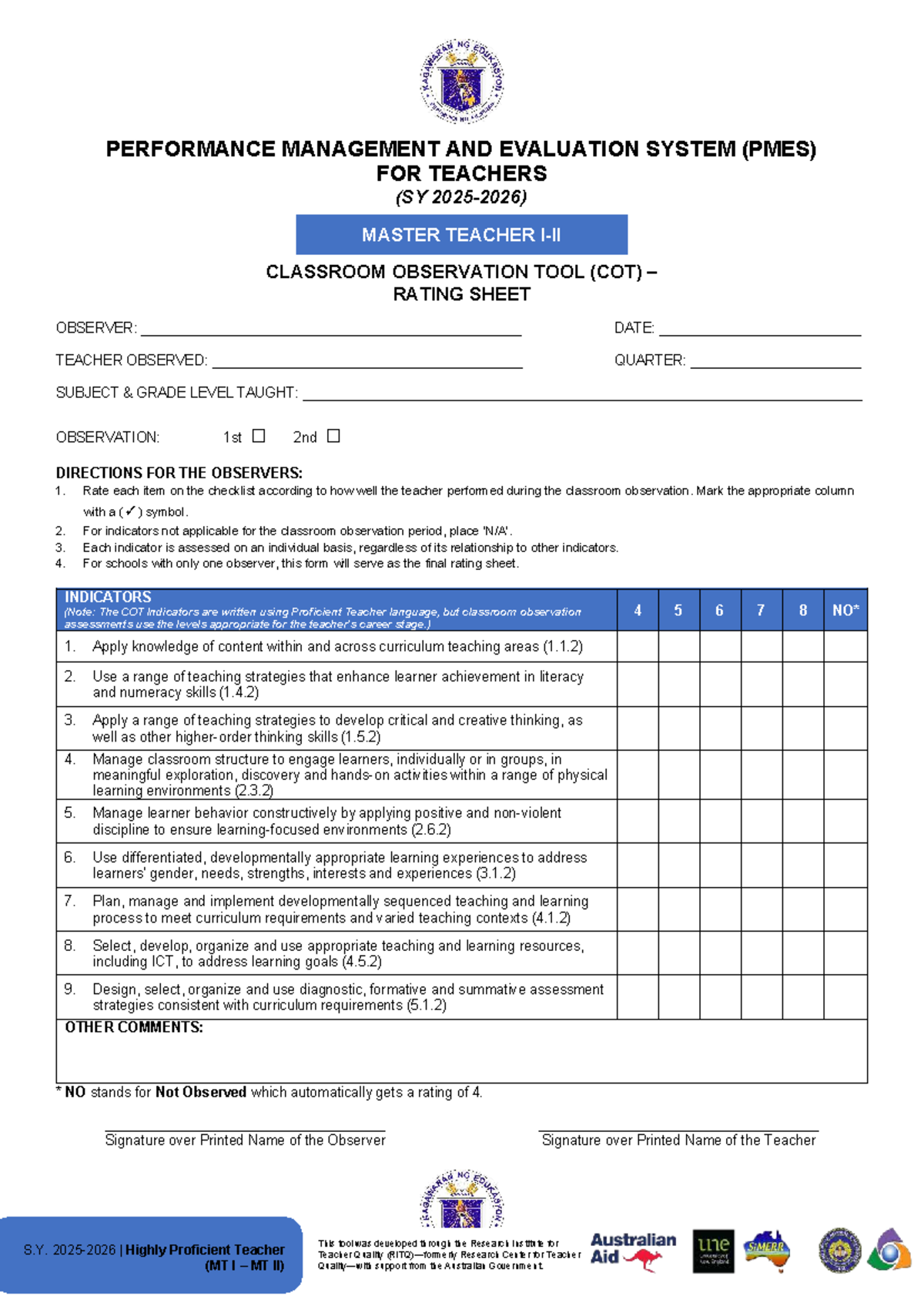 COT Rating Sheet for Highly Proficient Teachers (SY MT I & II) - Document Preview