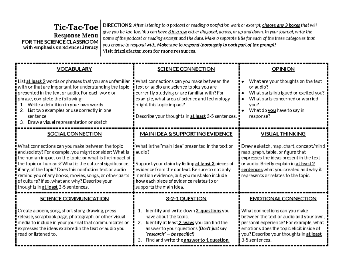 Science Literacy Tic Tac Toe Response Board for Classroom Activities ...