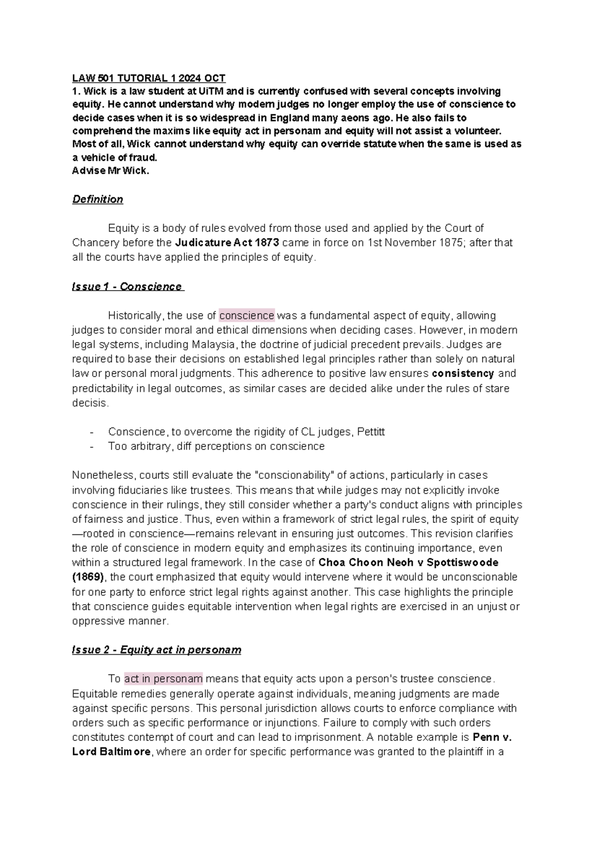 LAW 501 TUTORIAL 1: Understanding Key Concepts of Equity - Studocu