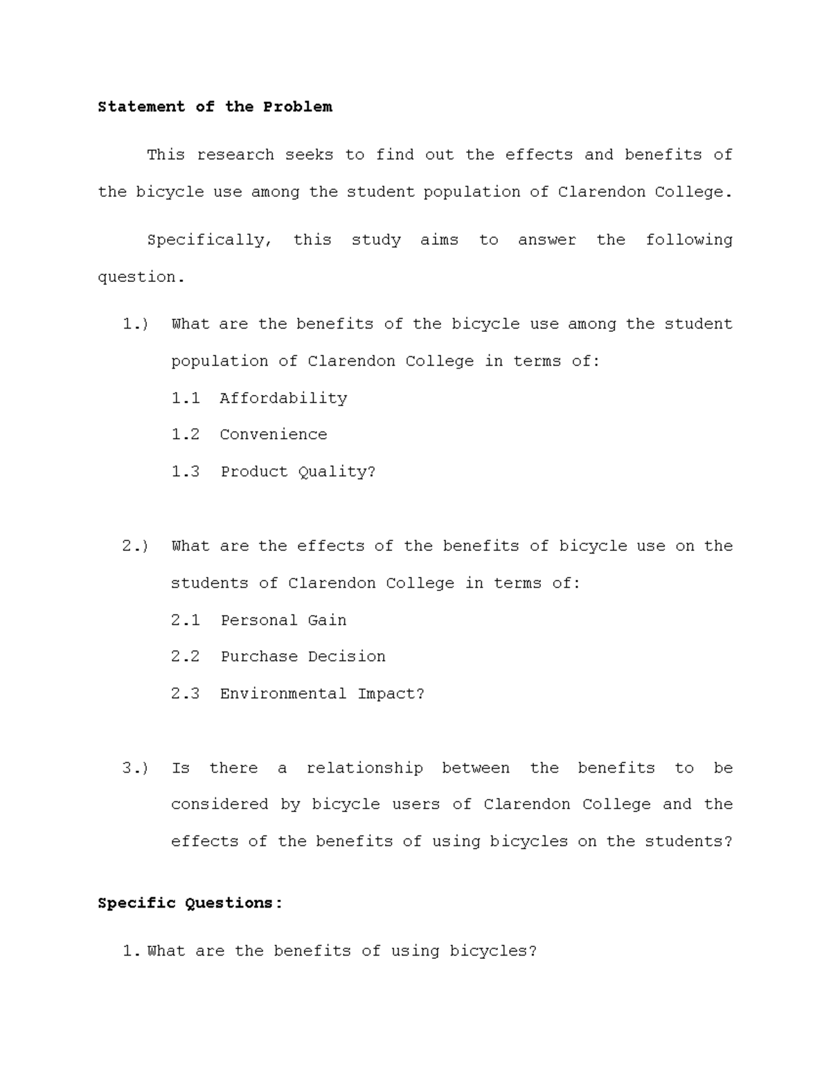 Thesis SOP: Effects and Benefits of Bicycle Use at Clarendon College ...