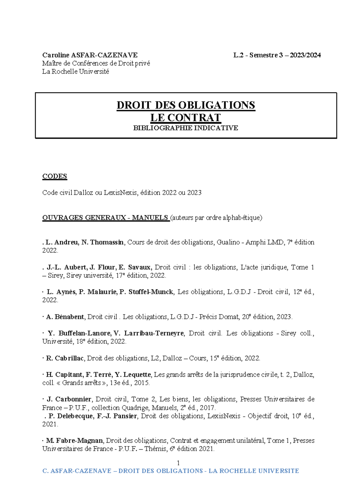 Bibliographie pour le Droit des Obligations L.2 - Semestre 3, 2023 