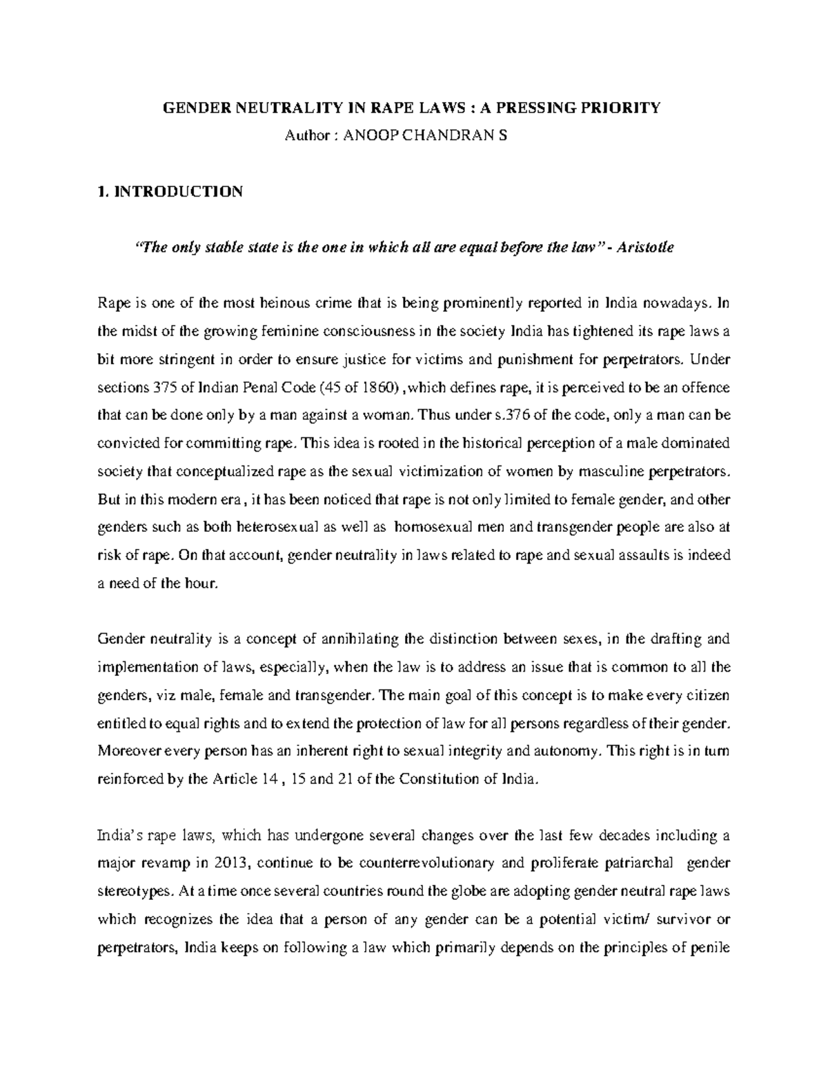GENDER NEUTRALITY IN RAPE LAWS: A CRUCIAL ANALYSIS (LAW 101) - Studocu