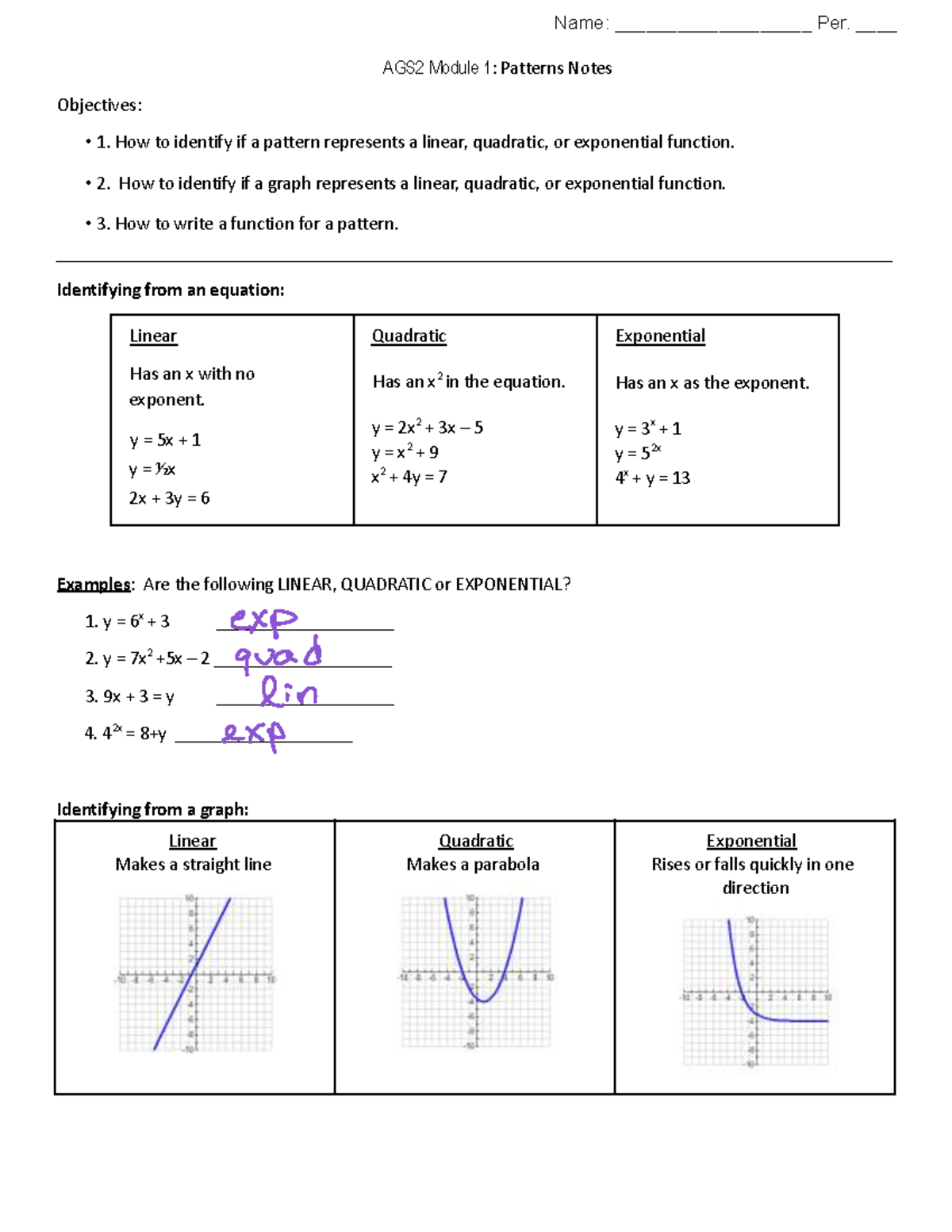 AGS2 Lesson 1.0: Identifying Linear, Quadratic, and Exponential ...