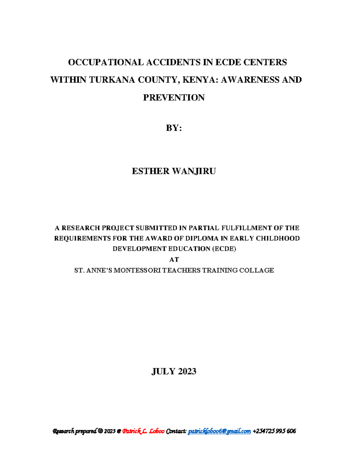 OCCUPATIONAL ACCIDENTS IN ECDE CENTERS: AWARENESS & PREVENTION (ECDE ...