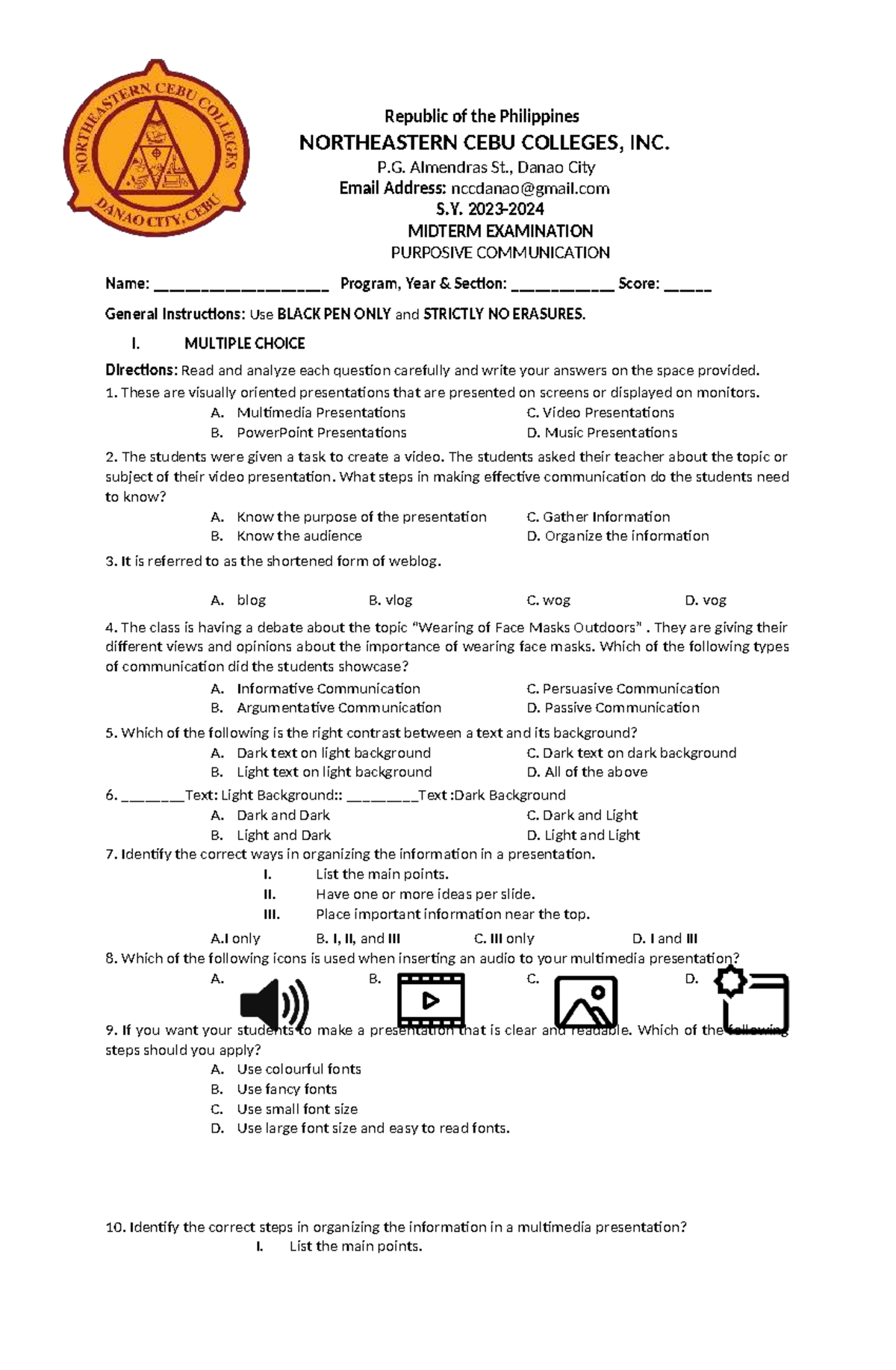CANE MIDTERM EXAM - Purposive Communication Questions - Studocu