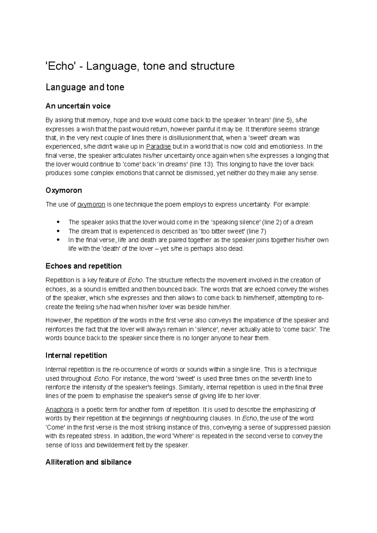 Echo Analysis Notes - ENG 101 - Studocu