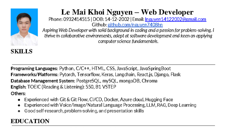 CV of Le Mai Khoi Nguyen - Aspiring Web Developer - Studocu
