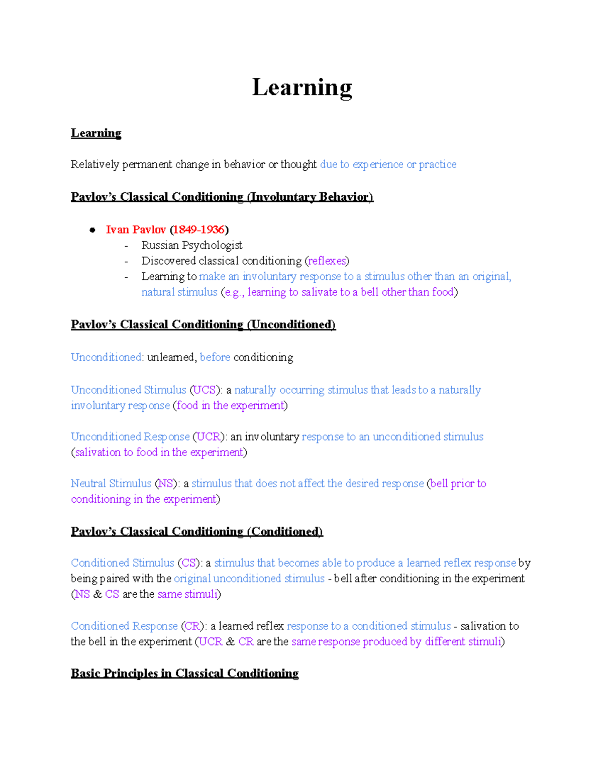 Psychology 101: Classical and Operant Conditioning Overview - Studocu