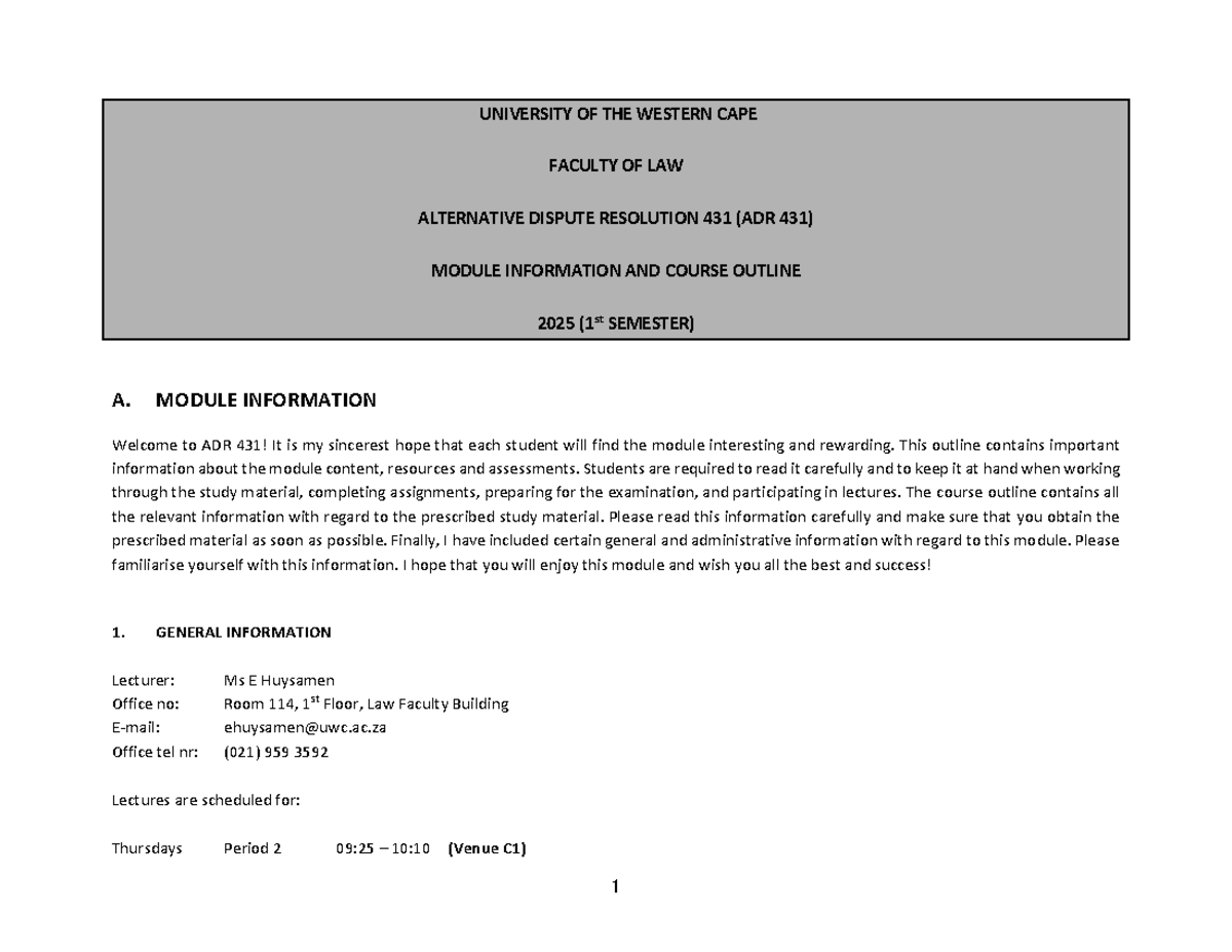 ADR 431: Alternative Dispute Resolution Module Outline 2025 (1st ...