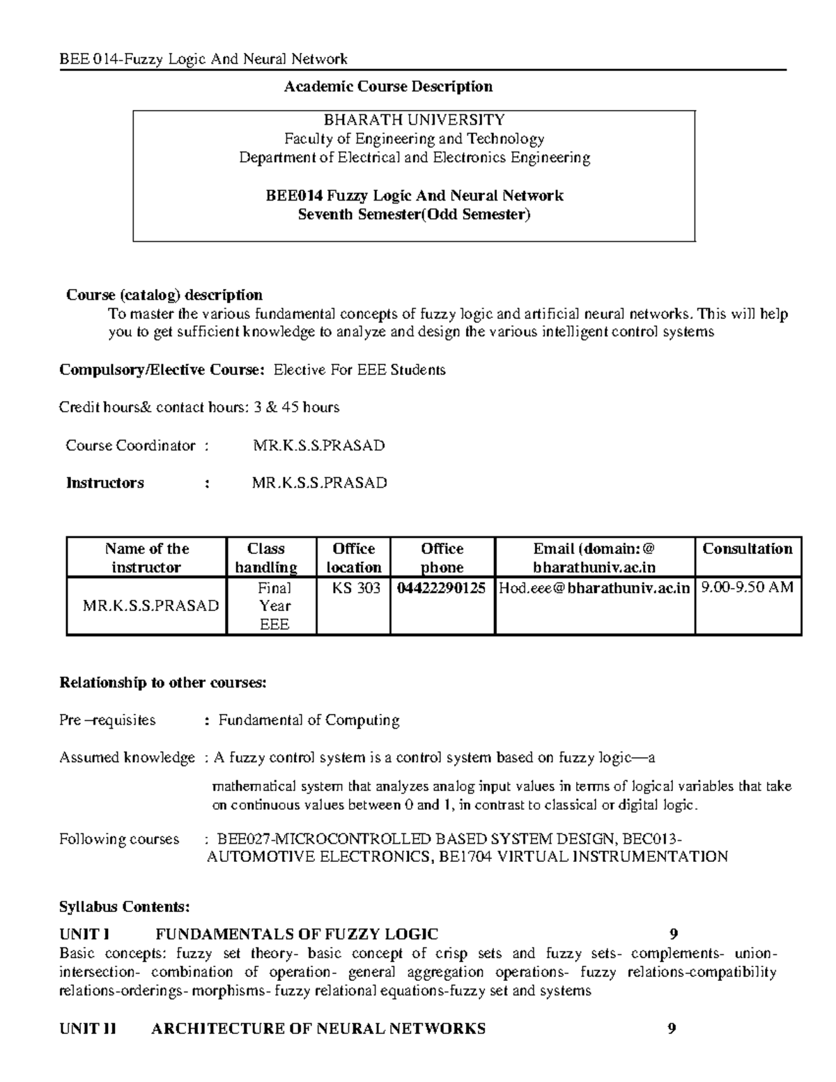 BEE 014 Fuzzy Logic and Neural Networks Course Syllabus Overview - Studocu