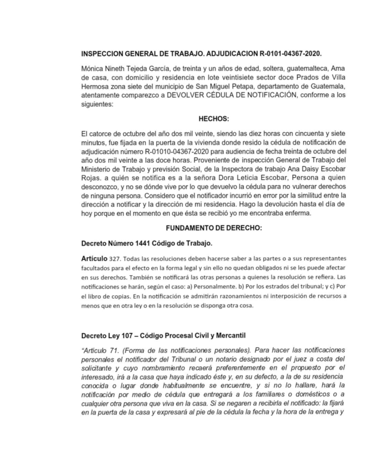 Adjudicación de Inspección de Trabajo - Caso Mónica Tejeda - Document Preview