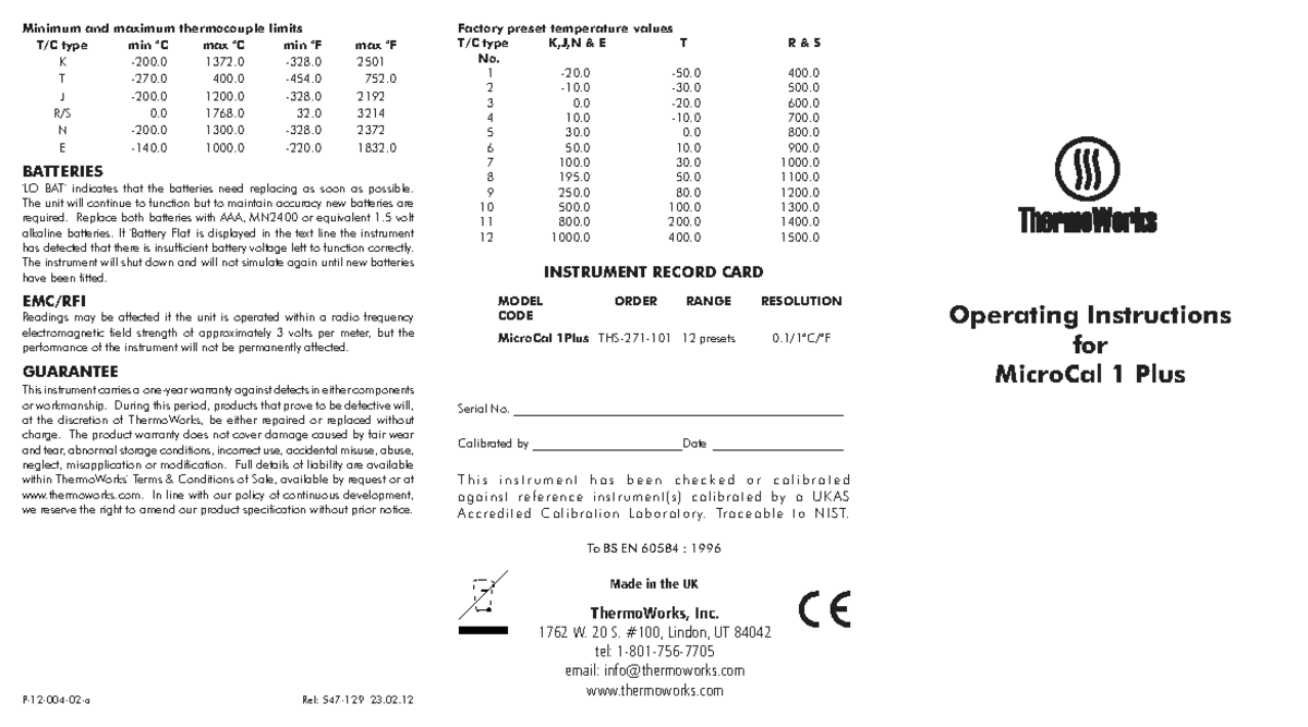 MicroCal 1 Plus User Manual: Thermocouple Limits & Battery Info - Studocu