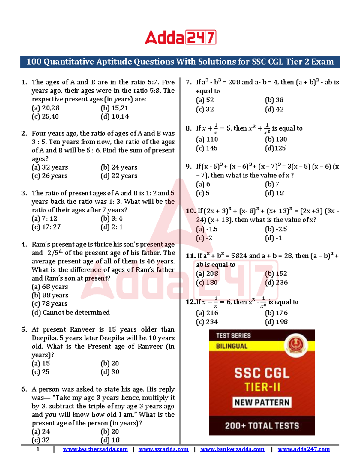 100 Quantitative Aptitude Questions & Solutions for SSC CGL Tier 2 Exam ...