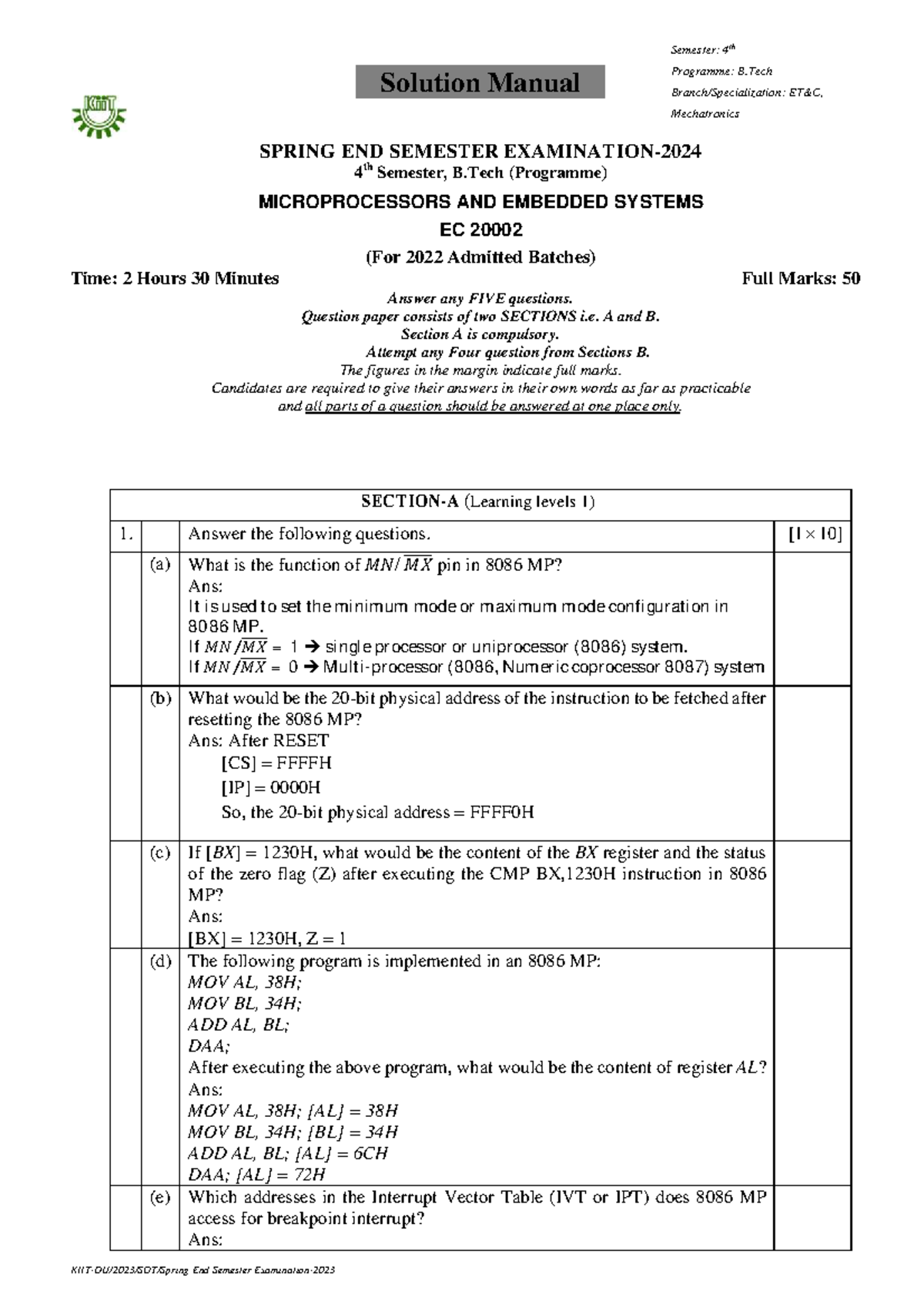 Final exam solution manual for EC2000: Microprocessors and embedded ...