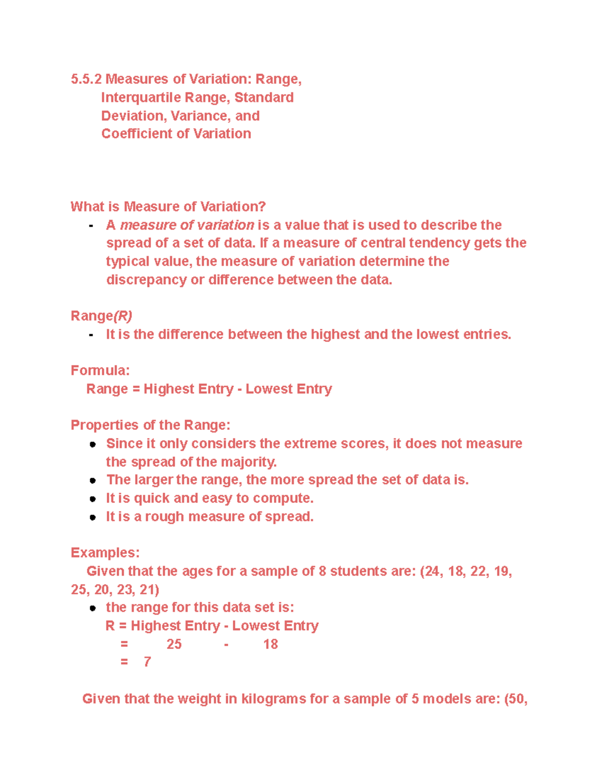 Measures of Variation: Range, Quartiles, Std Dev & Variance - Studocu