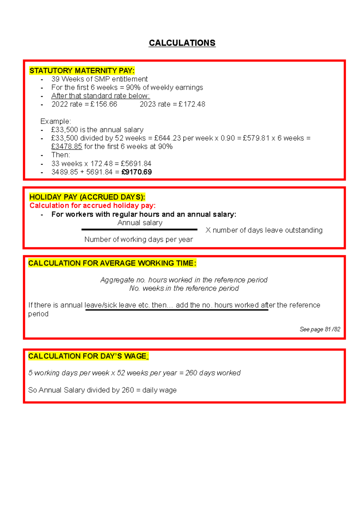 Calculations - CALCULATIONS STATUTORY MATERNITY PAY: 39 Weeks of SMP ...