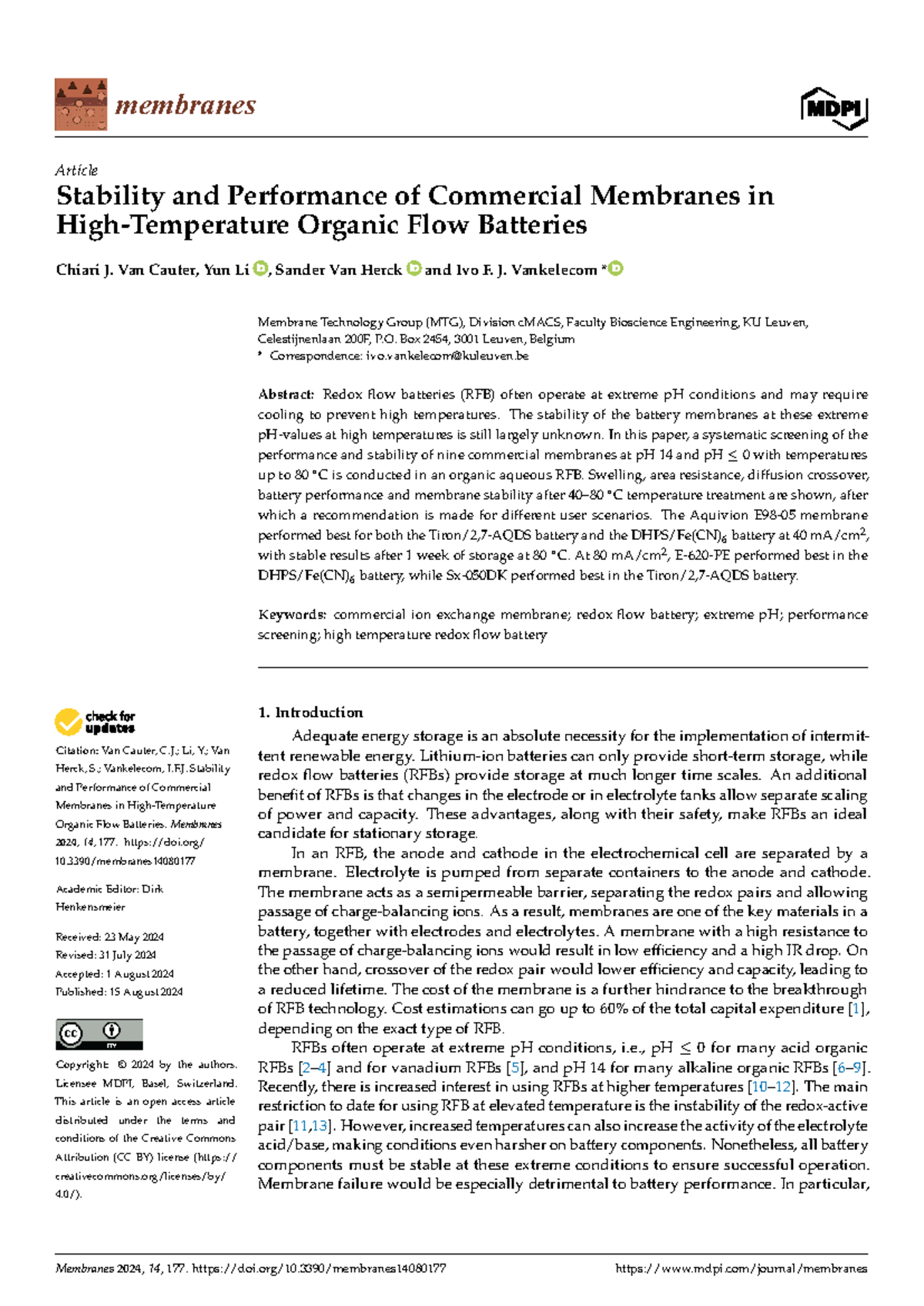 Stability and Performance of Commercial Membranes in Organic Flow ...