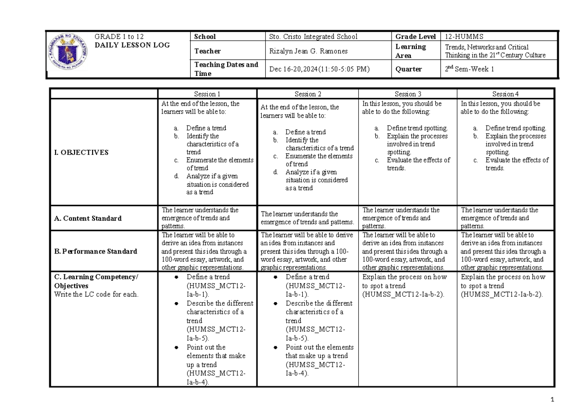 Trends-WEEK 1 - NORE - GRADE 1 to 12 DAILY LESSON LOG School Sto ...