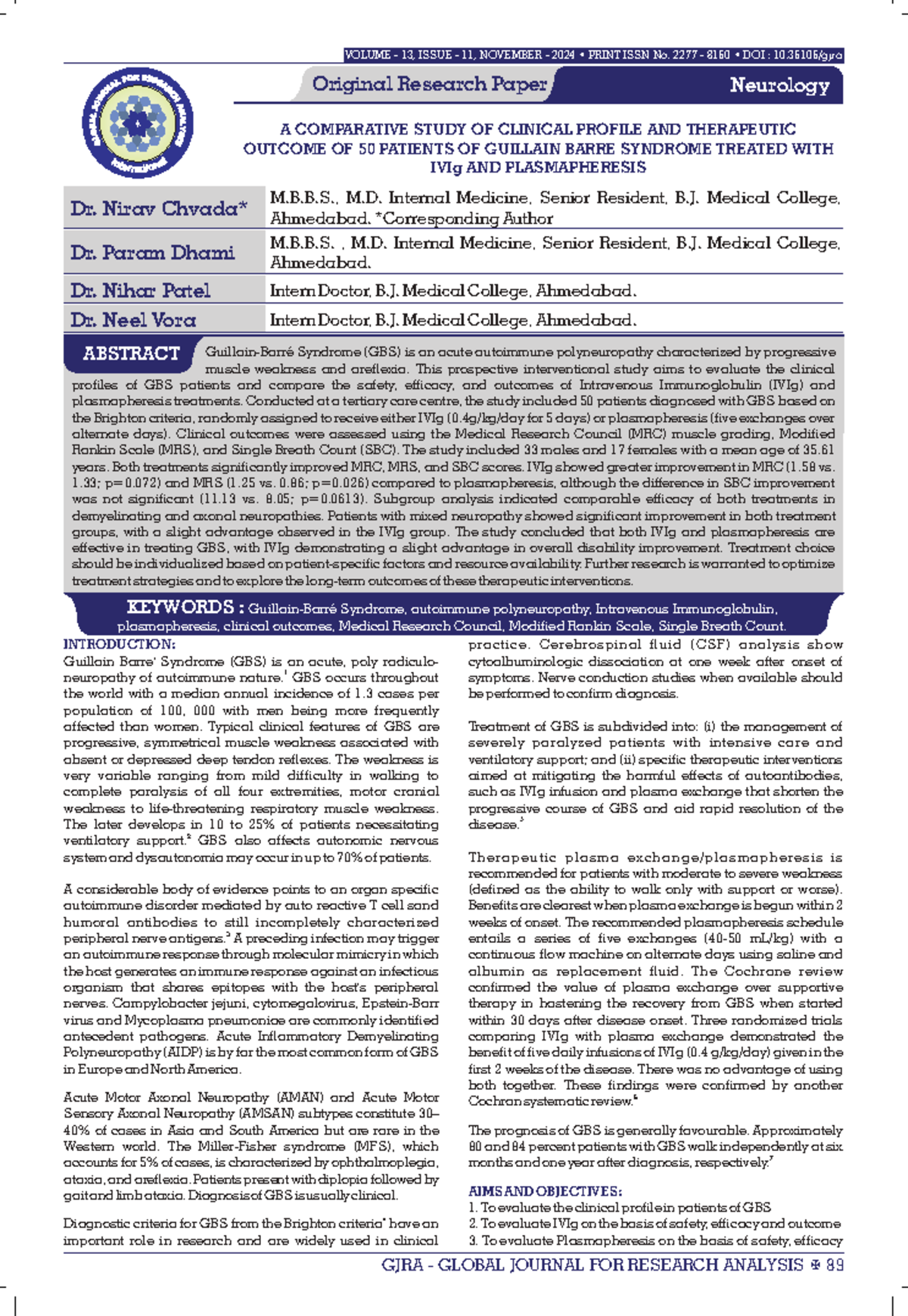 Comparative Study of GBS Treatment Outcomes: IVIg vs. Plasmapheresis ...
