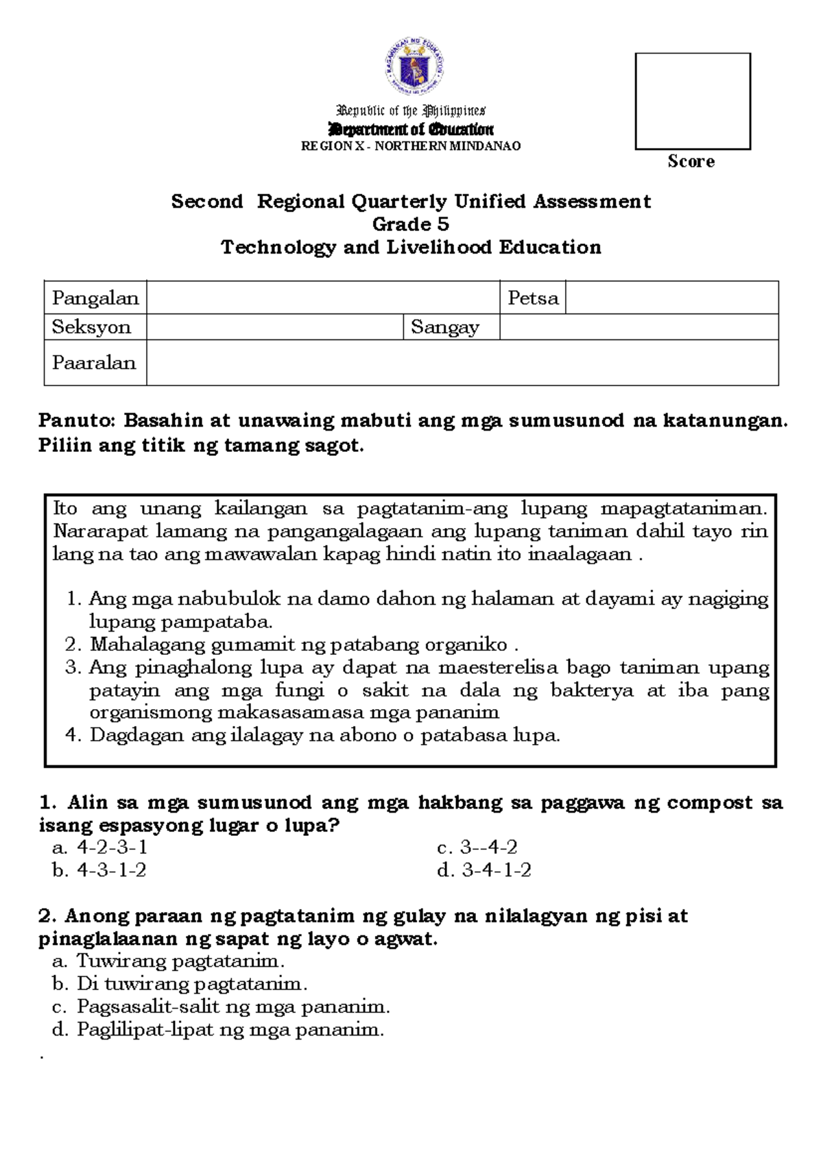 TLE Grade 5 Final Exam: Technology & Livelihood Education Review - Studocu