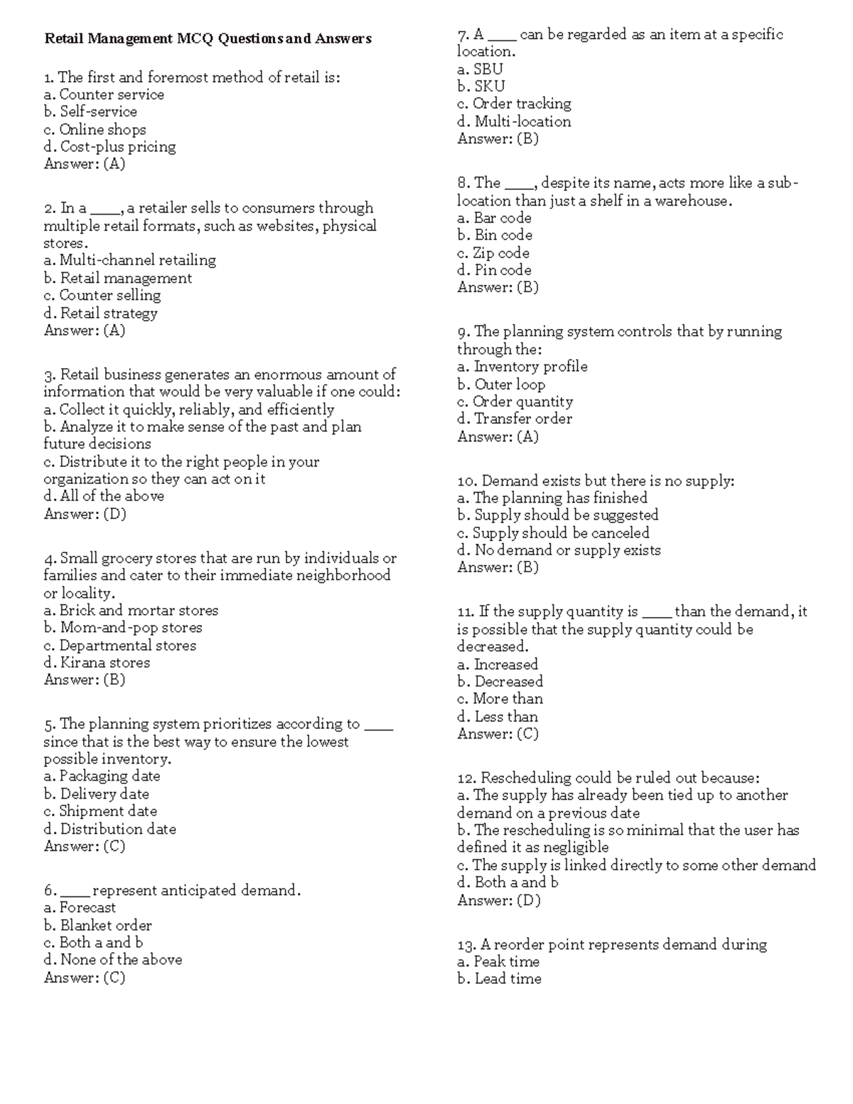 Retail Management MCQ Questions & Answers - Study Guide - Studocu